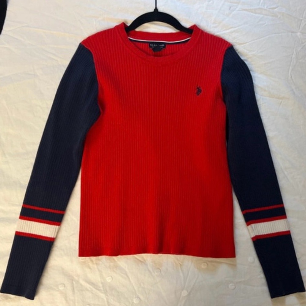 U.S. Polo Assn. Red & Navy Ribbed Crewneck Sweater with Stripe Detail
